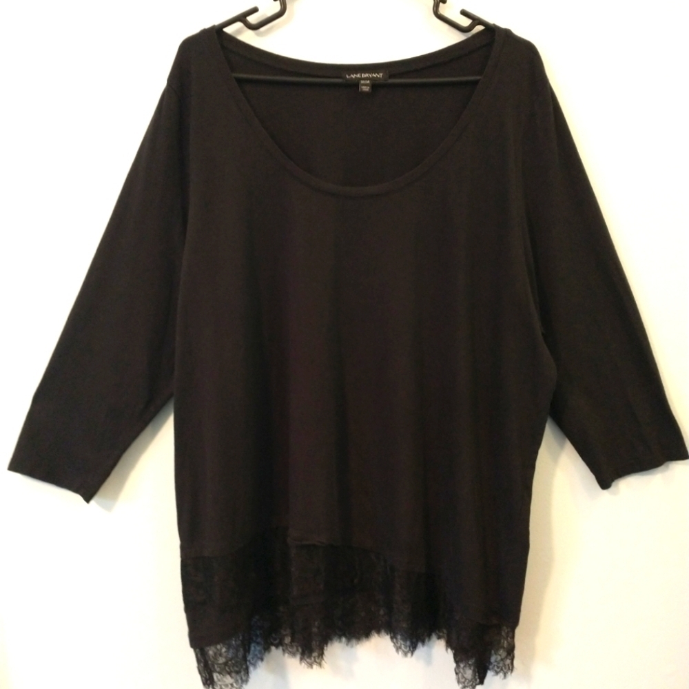 LANE BRYANT Black Top 3/4 Sleeves Lace Hem Cotton Modal Stretch - 22/24